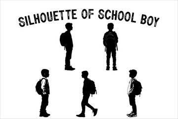 Black and White Student Boy Standing with Backpack Illustration.