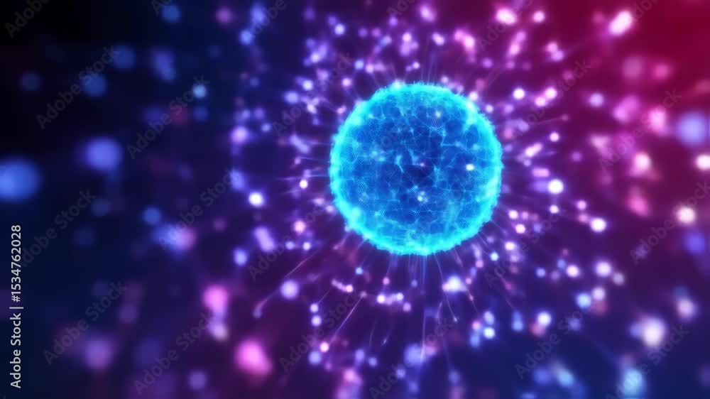 Poster glowing blue sphere with connected mesh points surrounded by glowing orbs, digital network structure