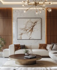 Modern living room with light beige sofa, wooden wall panels, and marble accents