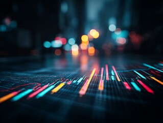 Vibrant Digital Data Chart Illuminating a Rain-Slicked Futuristic City Street at Night, Blending Financial Analytics with Cyberpunk Aesthetics in a Neon-Glowing Urban Landscape