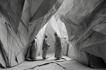 Monochrome scene of human figures cloaked in heavy garments navigating through a vast cavern of jagged, folded surfaces resembling paper or fabric in surreal geometric formations.