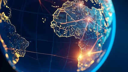 Digital earth globe with continents outlined and glowing connections displaying network across Africa and South America on blue background. - Powered by Adobe