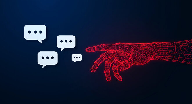 Red Wireframe Hand Reaching for White Speech Bubbles on Dark Blue Background Digital Communication Concept