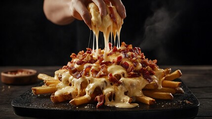 Delicious cheesy bacon fries topped and dripping with melted cheese