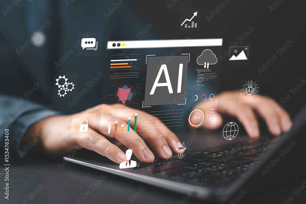 Poster Data analyst using technology AI for working tool for data analysis Chat with AI, Man using technology smart robot AI, artificial intelligence to generate something or help solve work problems.