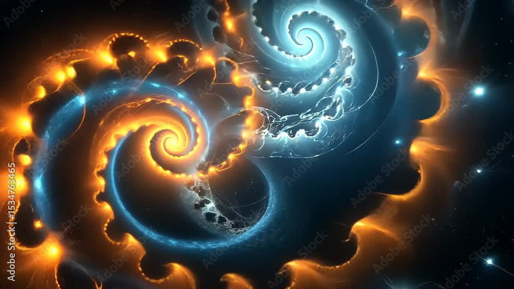 Poster abstract swirling patterns of blue and orange light in a cosmic background, creating a mesmerizing e