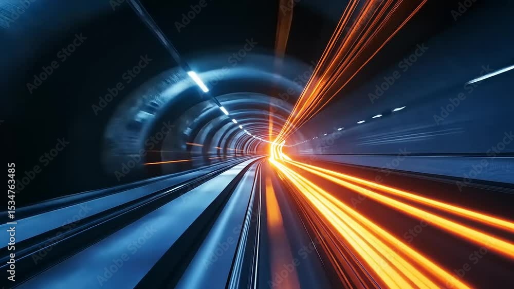 Poster dynamic view of a high-speed train entering a tunnel, showcasing vibrant light trails and motion