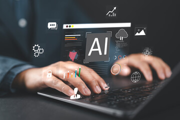 Data analyst using technology AI for working tool for data analysis Chat with AI, Man using...
