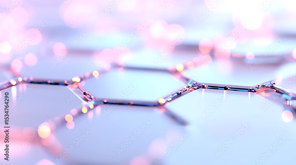 Poster close-up of hexagonal structures with vibrant colors and soft lighting, illustrating a futuristic sc