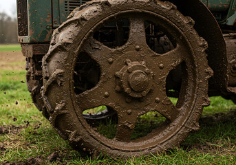 Muddy tractor tire on a green field
