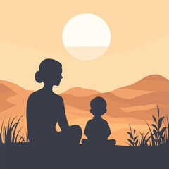 Tropical Beach Scene with Hula Dancer Silhouette and Palm Tree Vector