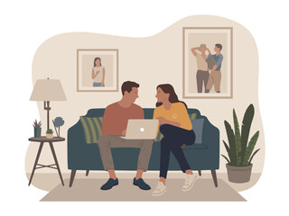 Fototapeta premium Young couple relaxing at home using laptop together modern living room interior design art sofa cozy love flat calm happy