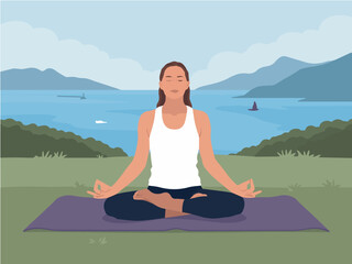 Fototapeta premium Peaceful woman meditating outdoors by serene ocean view yoga pose nature calm relaxation zen sky girl quiet water asana