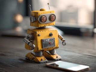 Charming retro-style yellow robot with antennae and expressive eyes stands beside a smartphone on a wooden table, blending vintage robotics design with modern-day tech in a cozy setting.