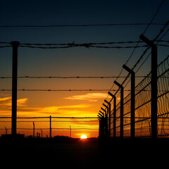 Prison barbed wire fence at sunset