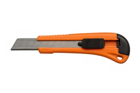 Studio shot of an orange utility knife with a retractable blade, isolated on a transparent background