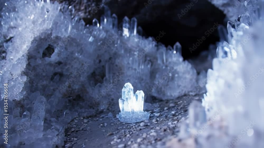 Poster intricate quartz crystals cluster inside a cavern on a rocky surface, sparkling in dim light, displa