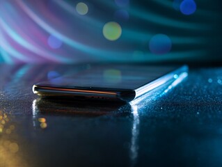 Modern smartphone lies on a reflective surface under vibrant ambient lighting with soft bokeh and neon trails, symbolizing sleek design, digital connectivity, and future mobile interaction.