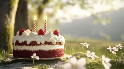Stunning Red Velvet Cake with Raspberries in Nature happy birthday background