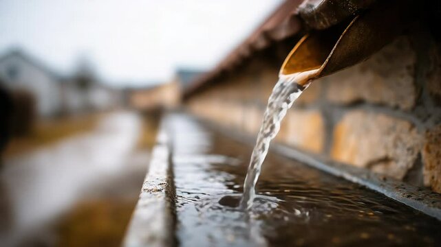 Flowing water from metal pipe pours into stone trough outdoors, with natural lighting and peaceful rural atmosphere, as rainwater streams from metal gutter into stone trough, creating ripples liquid