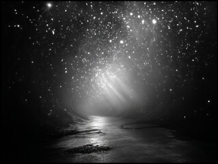 Ethereal monochrome dreamscape where a shimmering starlit sky pours celestial light over a reflective, winding path, evoking mystery, wonder, and the beauty of the cosmic unknown.
