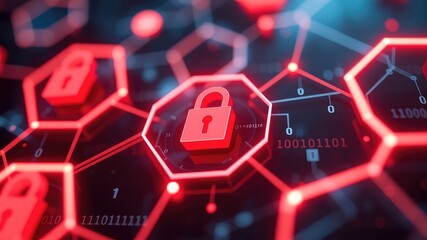 Red Lock Icon Surrounded by Hexagons and Binary Code, Suggesting a Network Protected by Cybersecurity