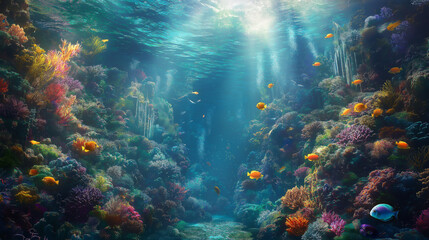 Fototapeta premium Vivid Tropical Coral Reef with Colorful Fish in Crystal Clear Waters