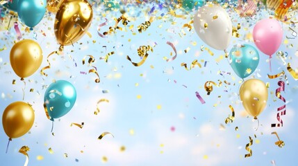 Celebration Balloons and Confetti in the Sky happy birthday background