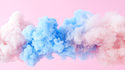 Fototapeta premium Vibrant pink and blue smoke clouds against a soft pink background, ideal for creative and artistic projects.