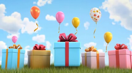 Colorful Gifts and Balloons in a Sunny Celebration happy birthday background