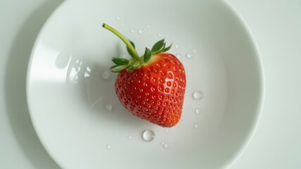 A single strawberry with water droplets on a white plate