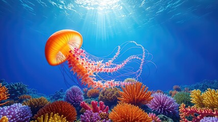 Radiant Jellyfish Drifting in Azure Waters Above a Vibrant Coral Reef Habitat Bathed in Sunlit Ocean Depth