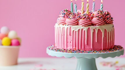 Pink Birthday Cake with Colorful Sprinkles happy birthday background