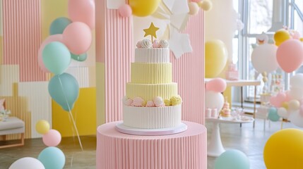 Adorable Birthday Cake with Pastel Balloons happy birthday background