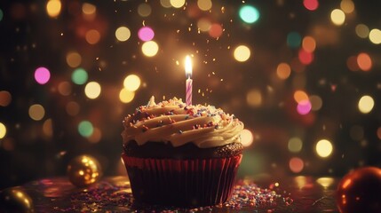 Birthday Cupcake with Candle and Festive Lights happy birthday background