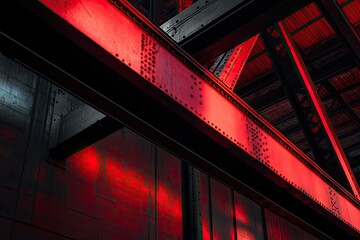 Sunlight on Surface of Red and Black Castellated Beam Structure of Industrial Building at Sunset