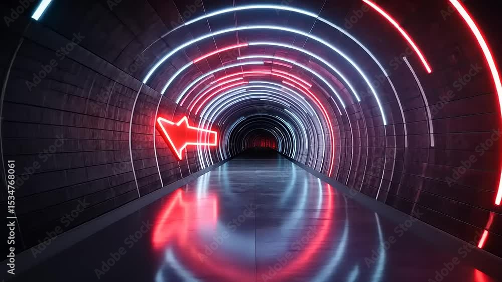 Poster futuristic neon-lit tunnel with glowing circular patterns and reflective floor creating a dynamic am