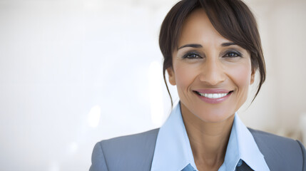 Confident Middle Eastern businesswoman smiling warmly, embodying professionalism and approachability.