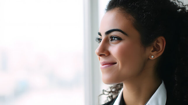 Confident Middle Eastern businesswoman smiling warmly, embodying professionalism and approachability.