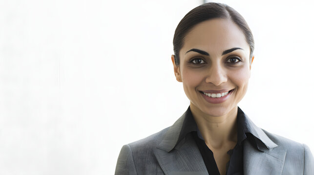Confident Middle Eastern businesswoman smiling warmly, embodying professionalism and approachability.
