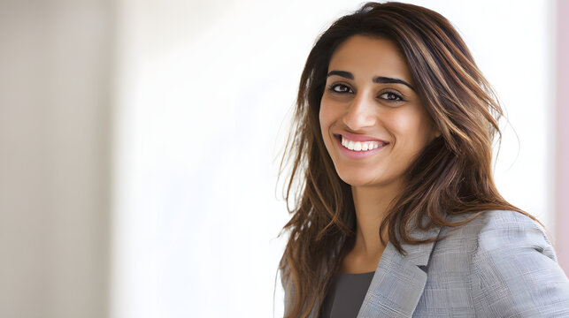 Confident Middle Eastern businesswoman smiling warmly, embodying professionalism and approachability.