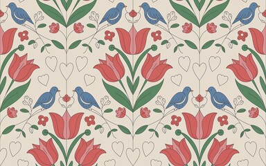 Scandinavian Folk Art, Stylized Floral Pattern with Bluebirds and Hearts on a Cream Background