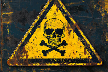 Yellow triangular sign. Grungy style danger sign with skull and cross bones. Rusty. Warning. Caution. Hazard. Danger. Worn out.