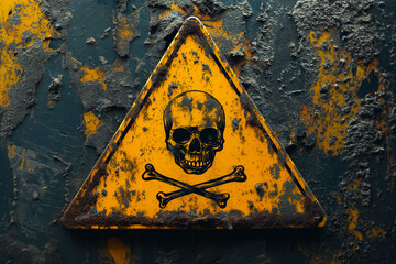 Yellow triangular sign. Grungy style danger sign with skull and cross bones. Rusty. Warning. Caution. Hazard. Danger. Worn out.