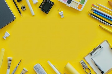 High Resolution of Flat Lay of Office and Art Supplies on Yellow Background