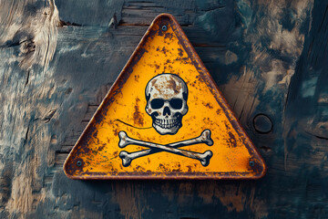 Yellow triangular sign. Grungy style danger sign with skull and cross bones. Rusty. Warning. Caution. Hazard. Danger. Worn out.