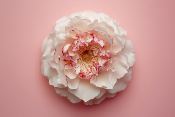 Close-up view of a delicate white flower on a pink background.