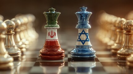Iran and israel flags paint over on chess king. 3D illustration iran vs israel