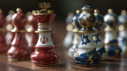 Iran and israel flags paint over on chess king. 3D illustration iran vs israel