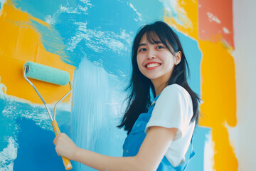 Young asian happy woman painting interior wall with paint roller in new house, Home decoration concept